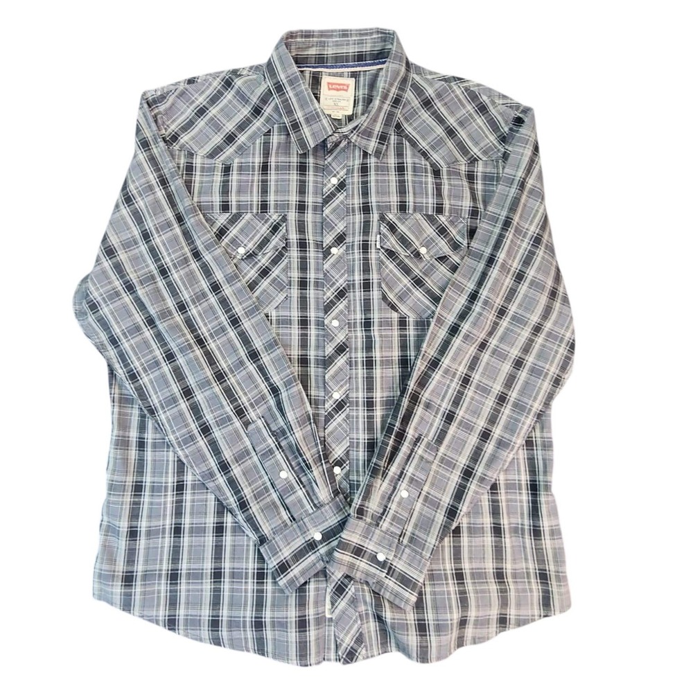 Levi's Button Down Men XL Black Plaid Western Pearl Snap Shirt 3LMLW0073 Long Sl